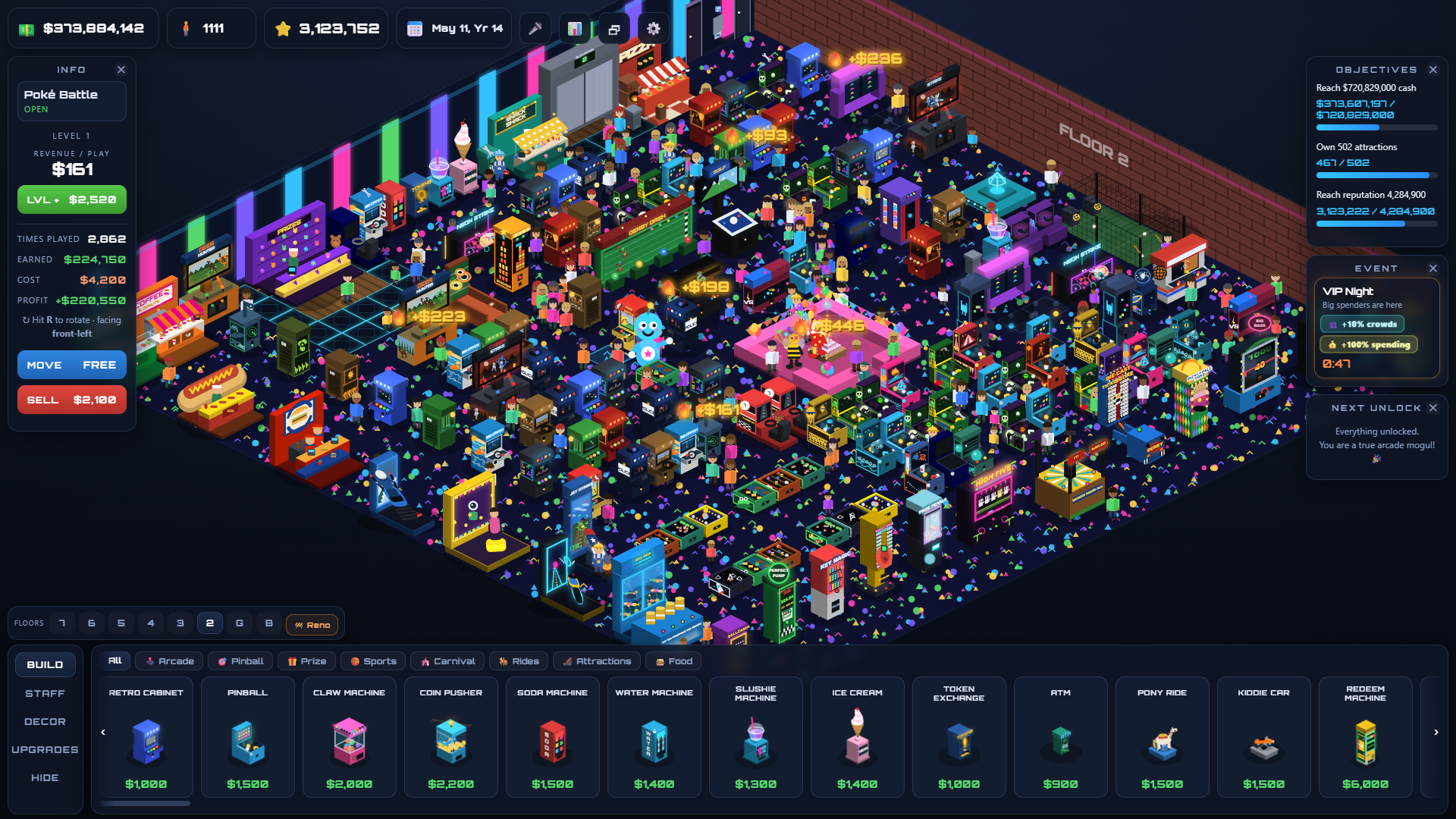 A packed neon arcade floor during a VIP Night event