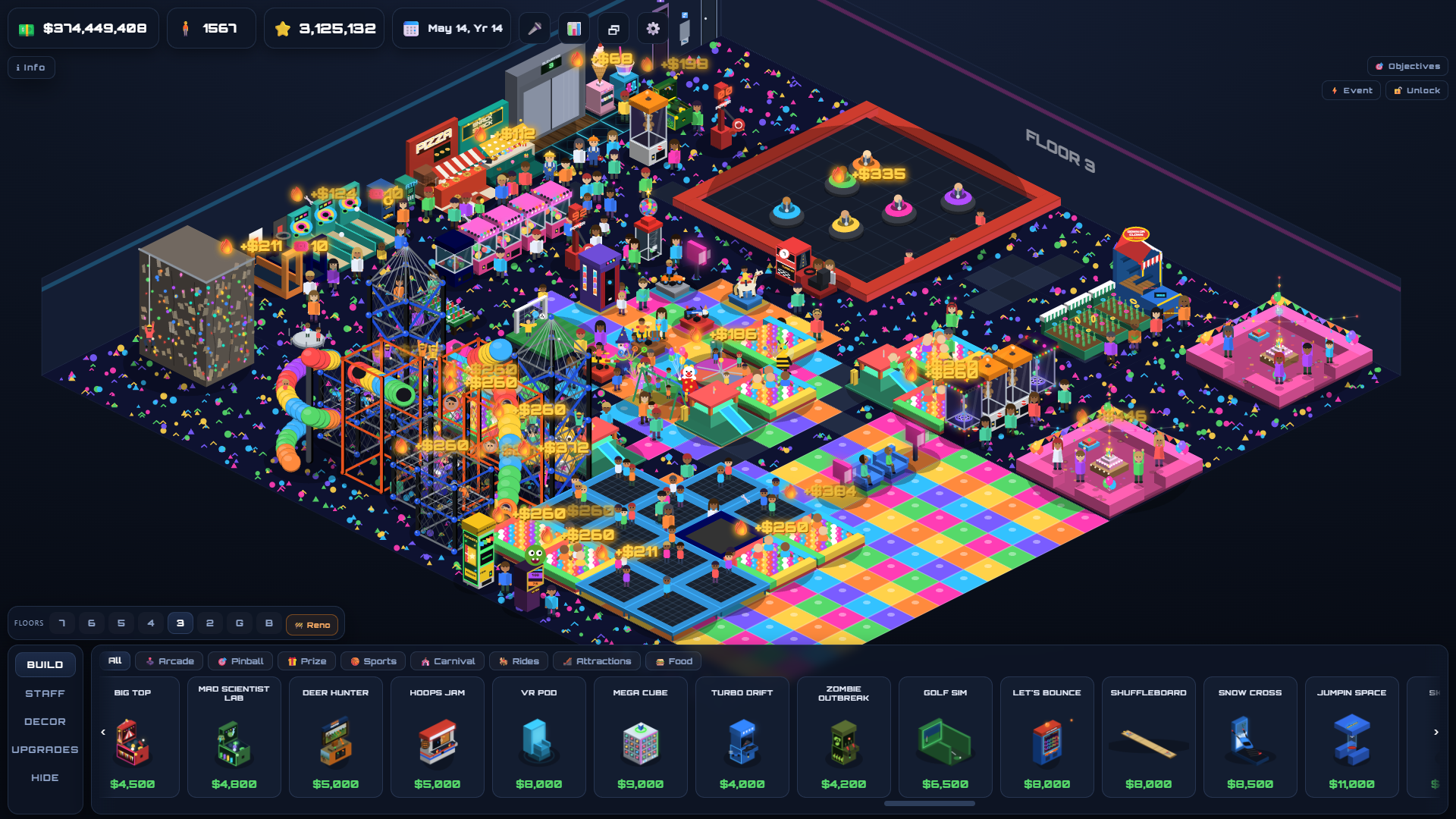 Carnival floor with climbing walls, trampolines and party rooms